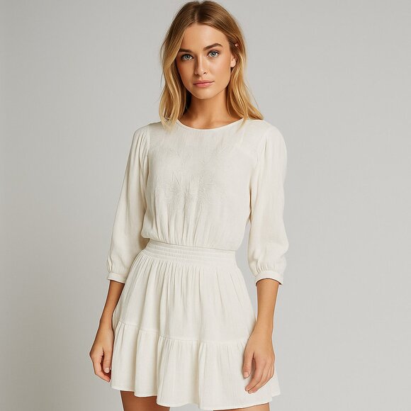 NWOT Zara Linen Boho Cream Embroidered Mini 3/4 Sleeve Dress S - Picture 1 of 11